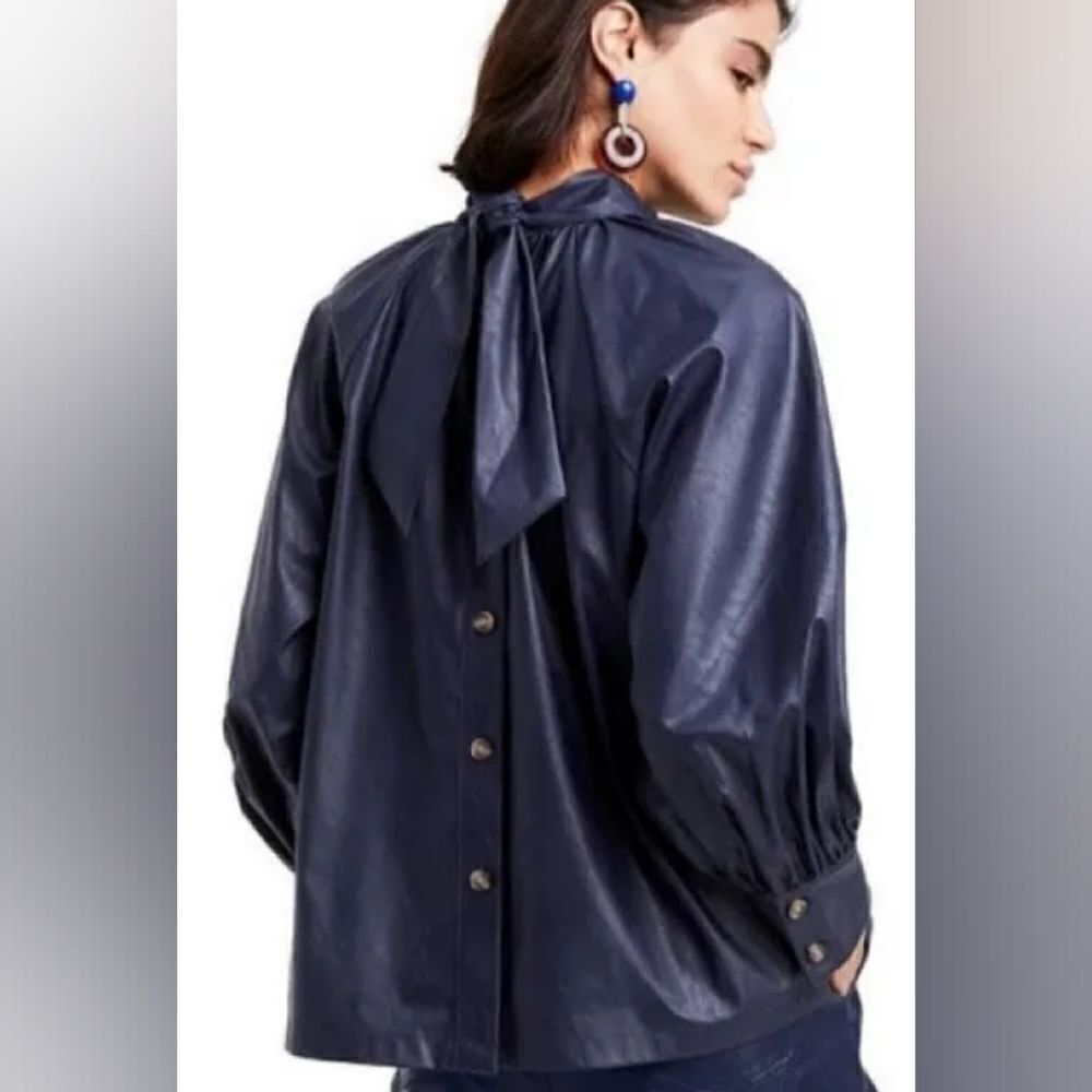 Rachel Comey Faux Leather Navy Blue Top, Buttondown in Back w/Tie, Sz Medium,NWT - Picture 2 of 13